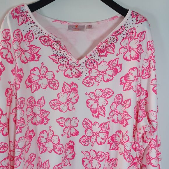 Quacker Factory Top 3X Floral Rhinestone Embellished Artsy Tunic Beachy Colorful - Picture 10 of 13